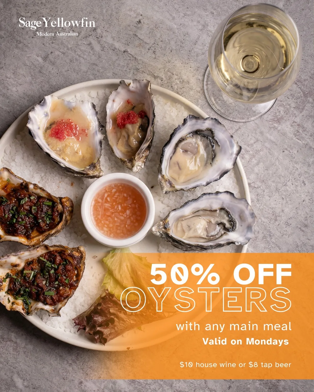 50% off oysters every Monday at Sage Yellowfin