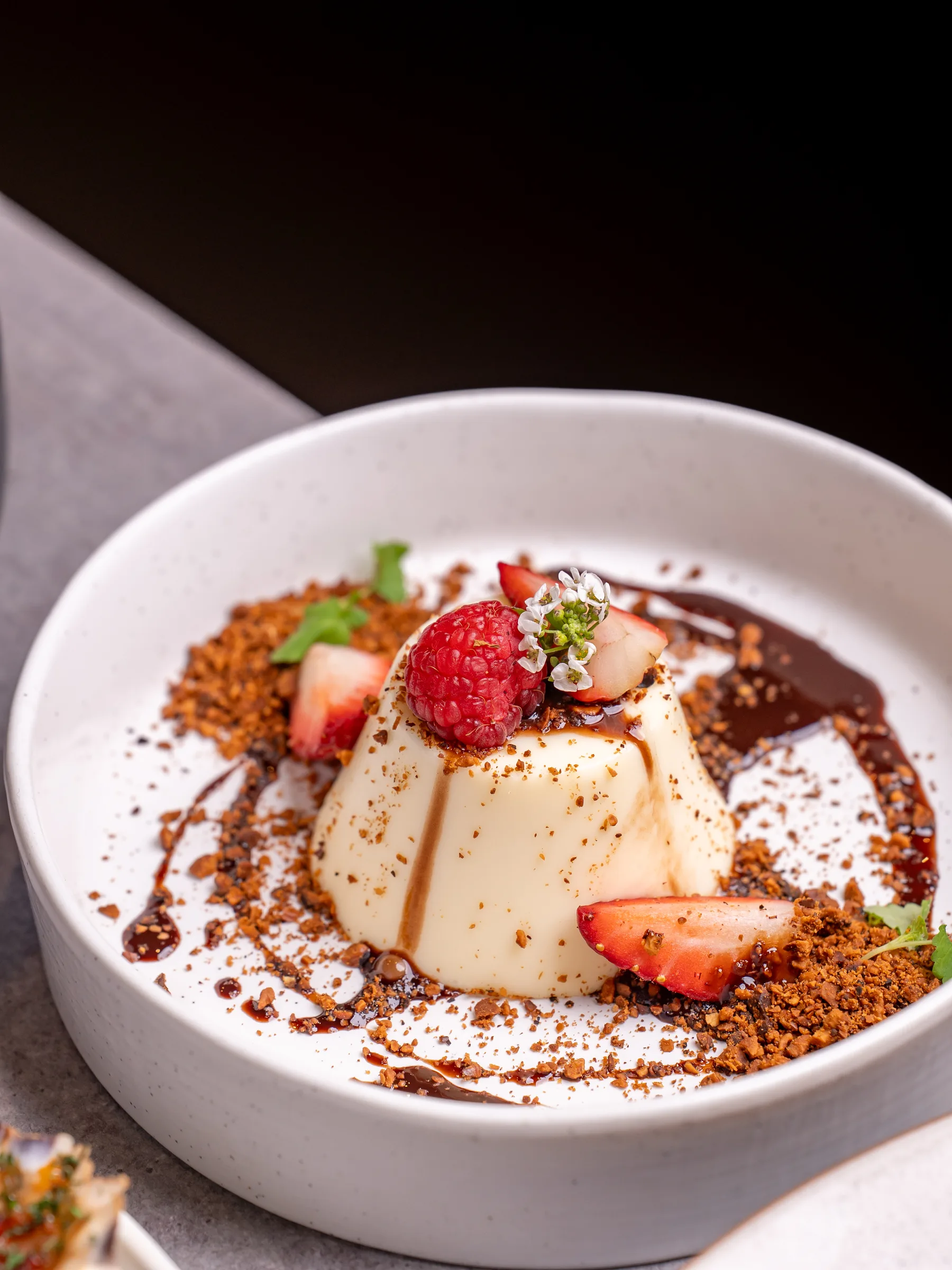 Panna cotta with chocolate and berries — Sage Yellowfin South Bank