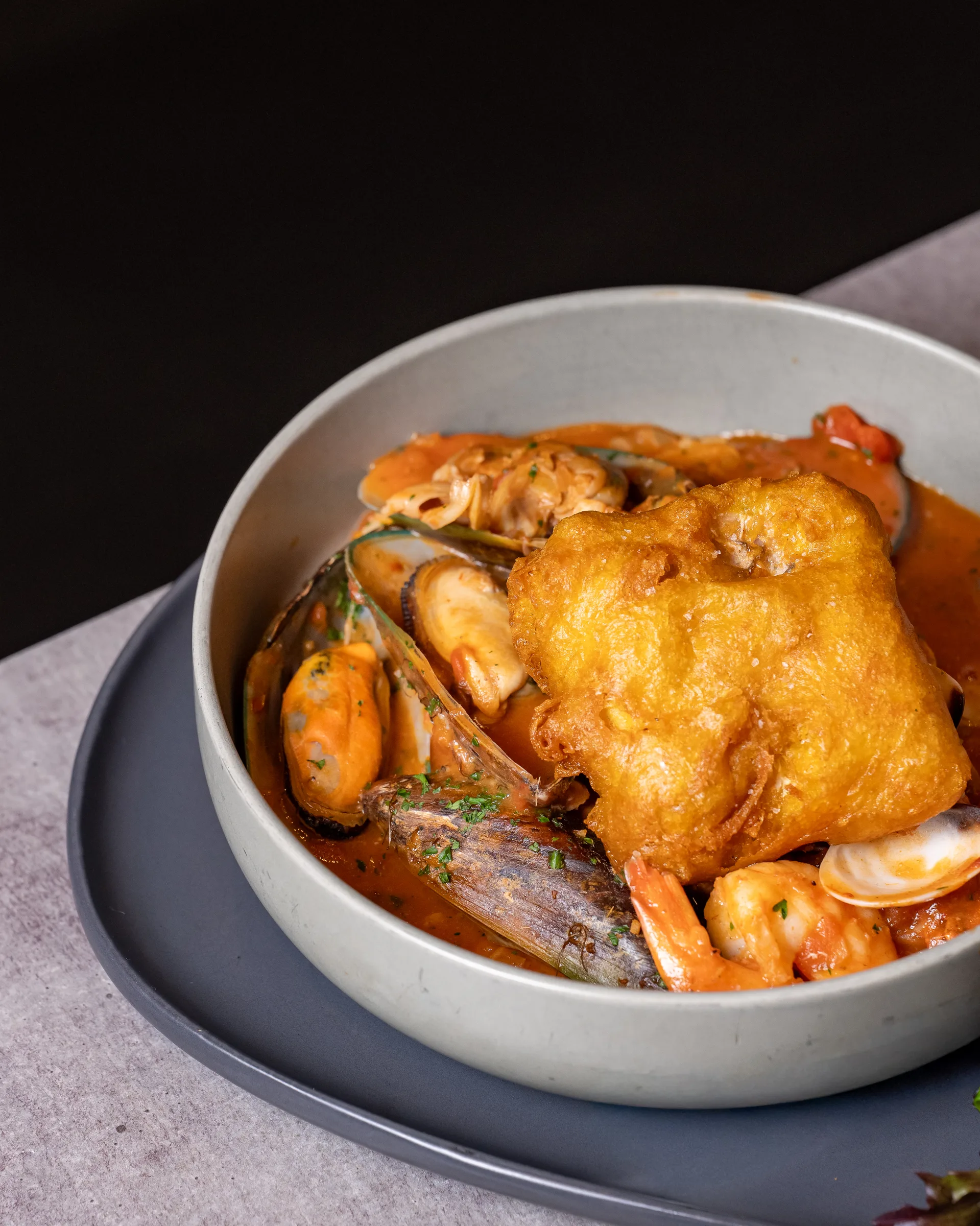 Seafood bouillabaisse — mussels, prawns, clams — Sage Yellowfin Brisbane